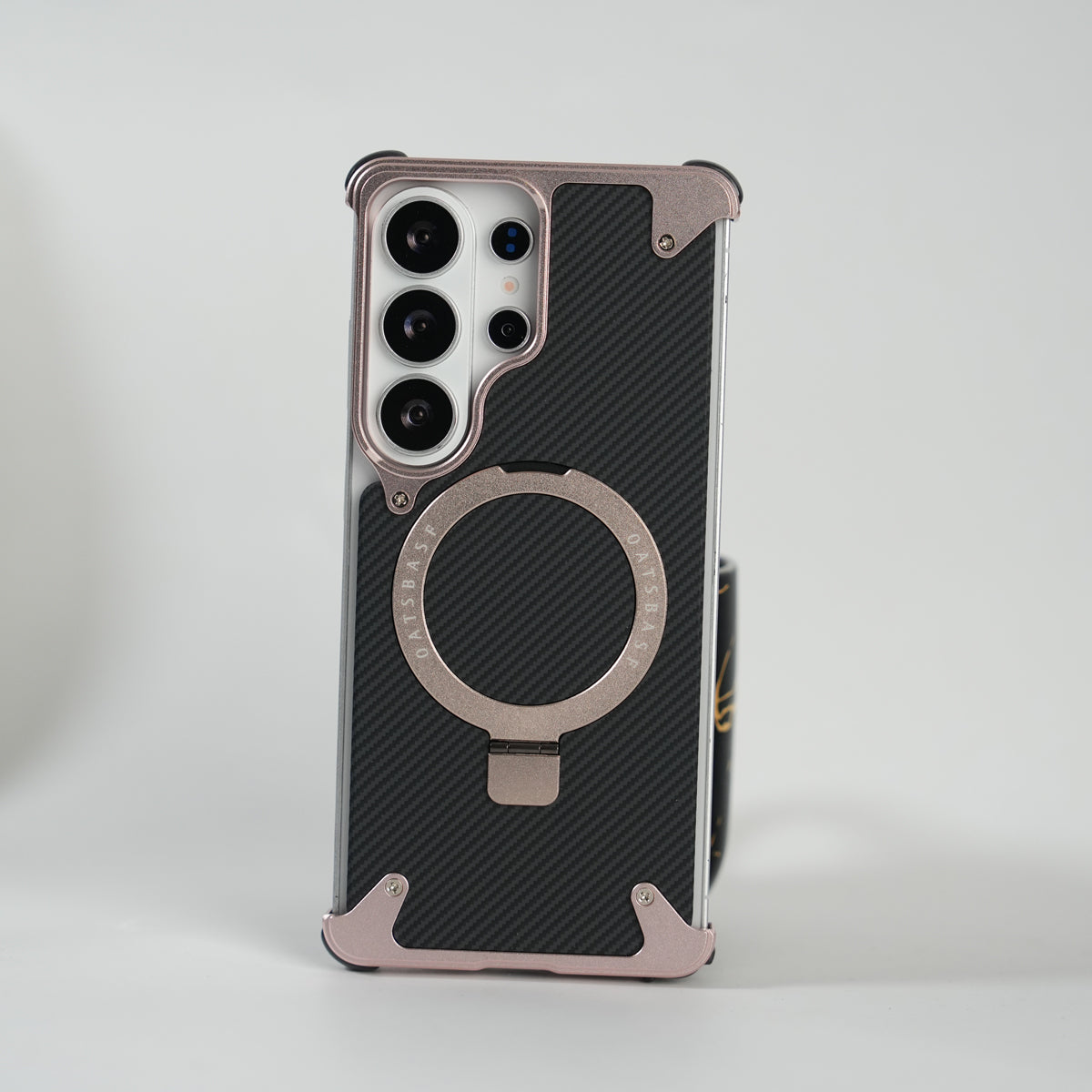 Galaxy S26 Ultra Carbon Texture Frameless Metal Kickstand Case (Rose Gold)