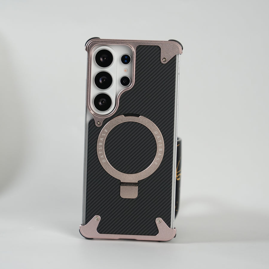 Galaxy S26 Ultra Carbon Texture Frameless Metal Kickstand Case (Rose Gold)