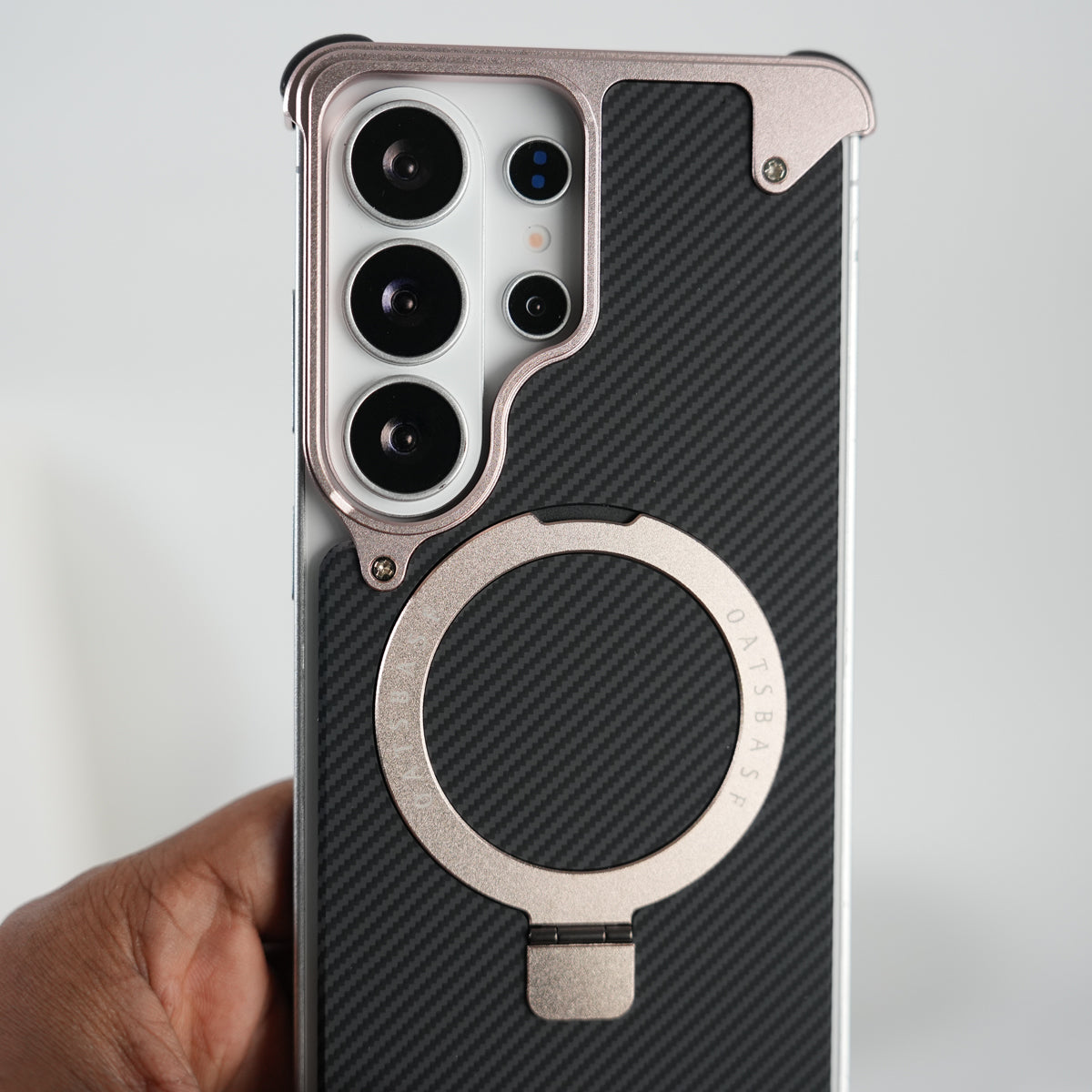 Galaxy S26 Ultra Carbon Texture Frameless Metal Kickstand Case (Rose Gold)