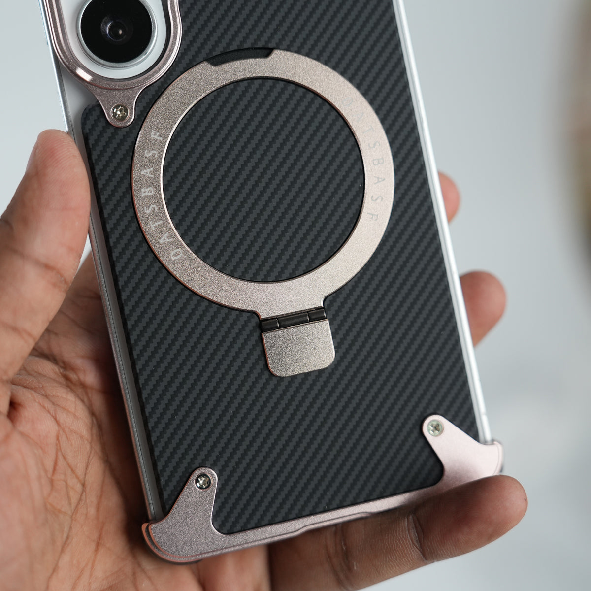 Galaxy S26 Ultra Carbon Texture Frameless Metal Kickstand Case (Rose Gold)