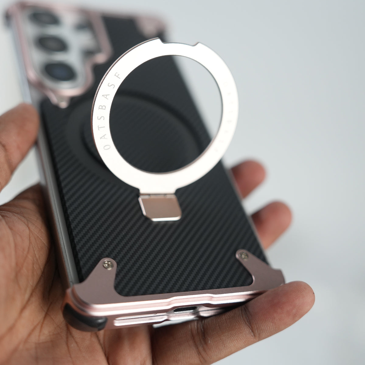 Galaxy S26 Ultra Carbon Texture Frameless Metal Kickstand Case (Rose Gold)