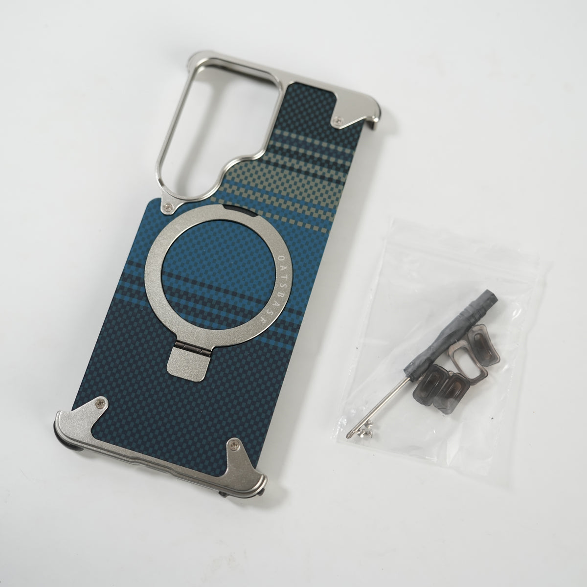 Galaxy S26 Ultra Premium Aramid Fiber Texture Frameless Metal Kickstand Case (Silver)