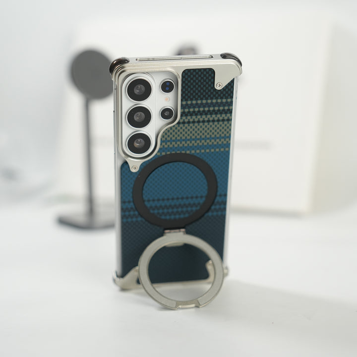 Galaxy S26 Ultra Premium Aramid Fiber Texture Frameless Metal Kickstand Case (Silver)