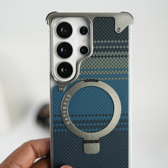 Galaxy S26 Ultra Premium Aramid Fiber Texture Frameless Metal Kickstand Case (Silver)