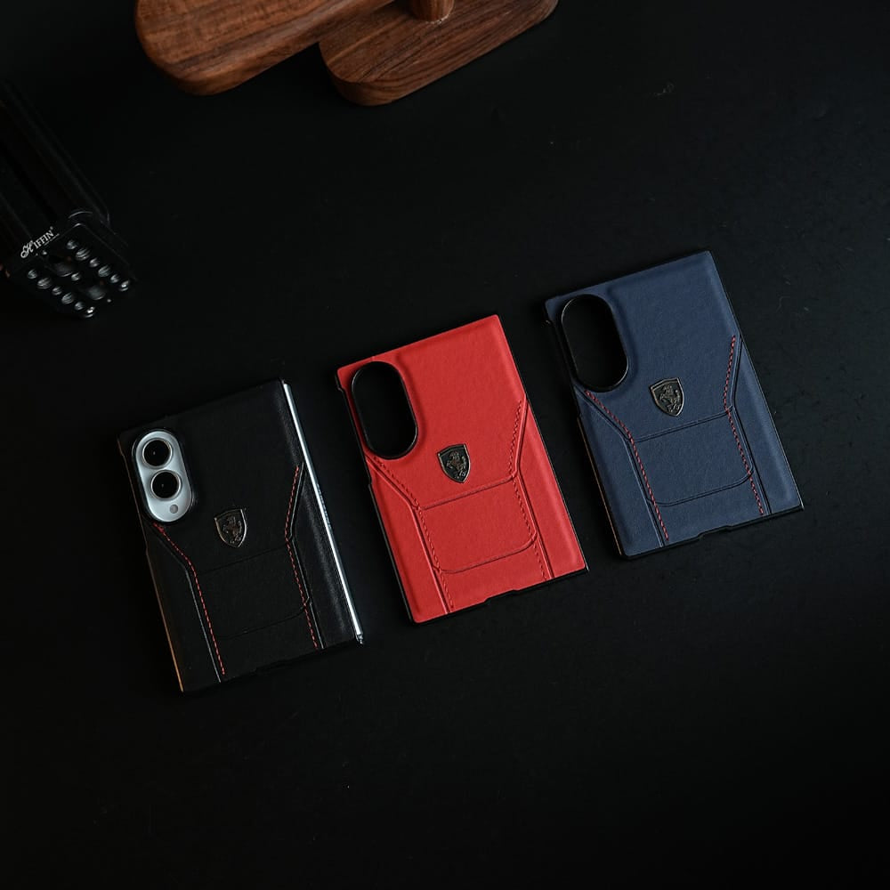 Racing-Inspired Leather-Texture Case for Samsung Galaxy Z Fold 8 | Sporty Stitching & Shield Emblem Design