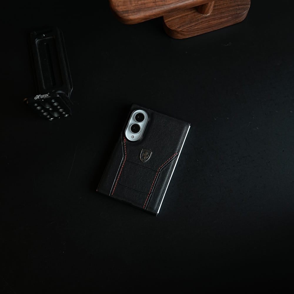 Racing-Inspired Leather-Texture Case for Samsung Galaxy Z Fold 8 | Sporty Stitching & Shield Emblem Design