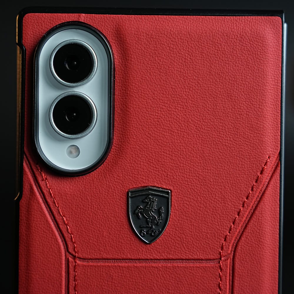 Racing-Inspired Leather-Texture Case for Samsung Galaxy Z Fold 8 | Sporty Stitching & Shield Emblem Design