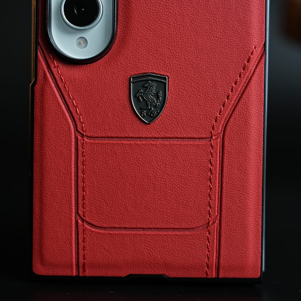 Racing-Inspired Leather-Texture Case for Samsung Galaxy Z Fold 8 | Sporty Stitching & Shield Emblem Design