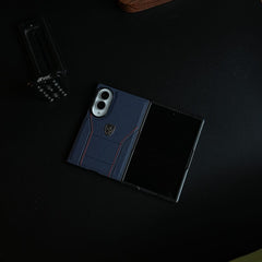 Racing-Inspired Leather-Texture Case for Samsung Galaxy Z Fold 8 | Sporty Stitching & Shield Emblem Design