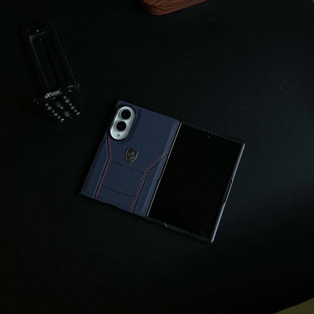 Racing-Inspired Leather-Texture Case for Samsung Galaxy Z Fold 8 | Sporty Stitching & Shield Emblem Design