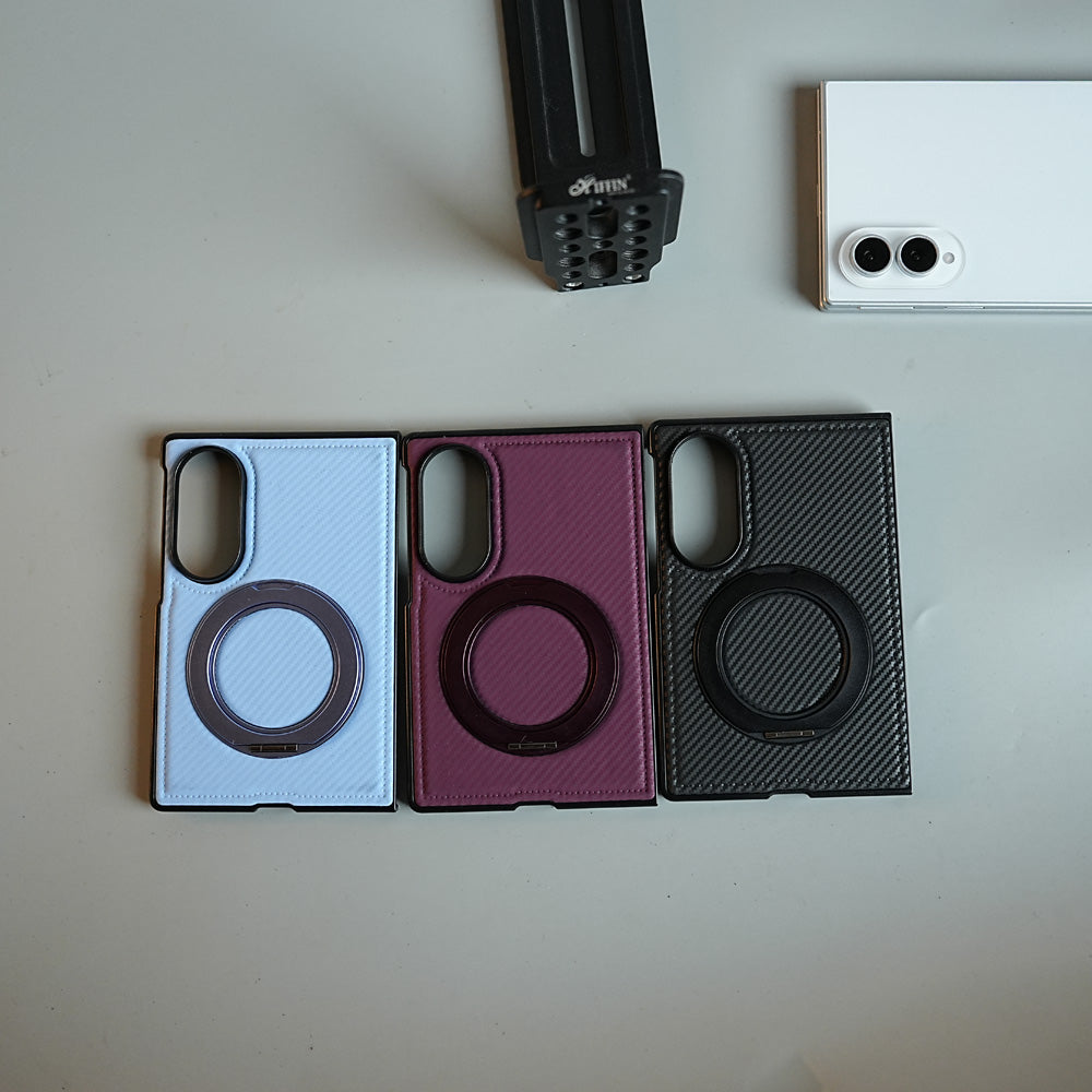Carbon Fiber Texture Case for Samsung Galaxy Z Fold 8 | Rotating Metal Ring Stand Protective Cover