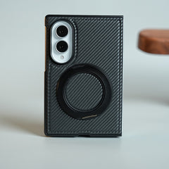 Carbon Fiber Texture Case for Samsung Galaxy Z Fold 8 | Rotating Metal Ring Stand Protective Cover