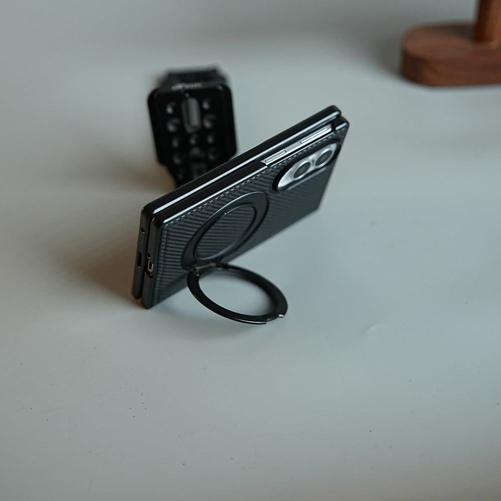 Carbon Fiber Texture Case for Samsung Galaxy Z Fold 8 | Rotating Metal Ring Stand Protective Cover