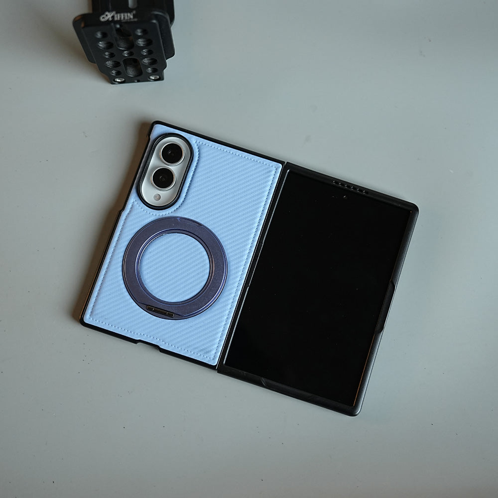 Carbon Fiber Texture Case for Samsung Galaxy Z Fold 8 | Rotating Metal Ring Stand Protective Cover
