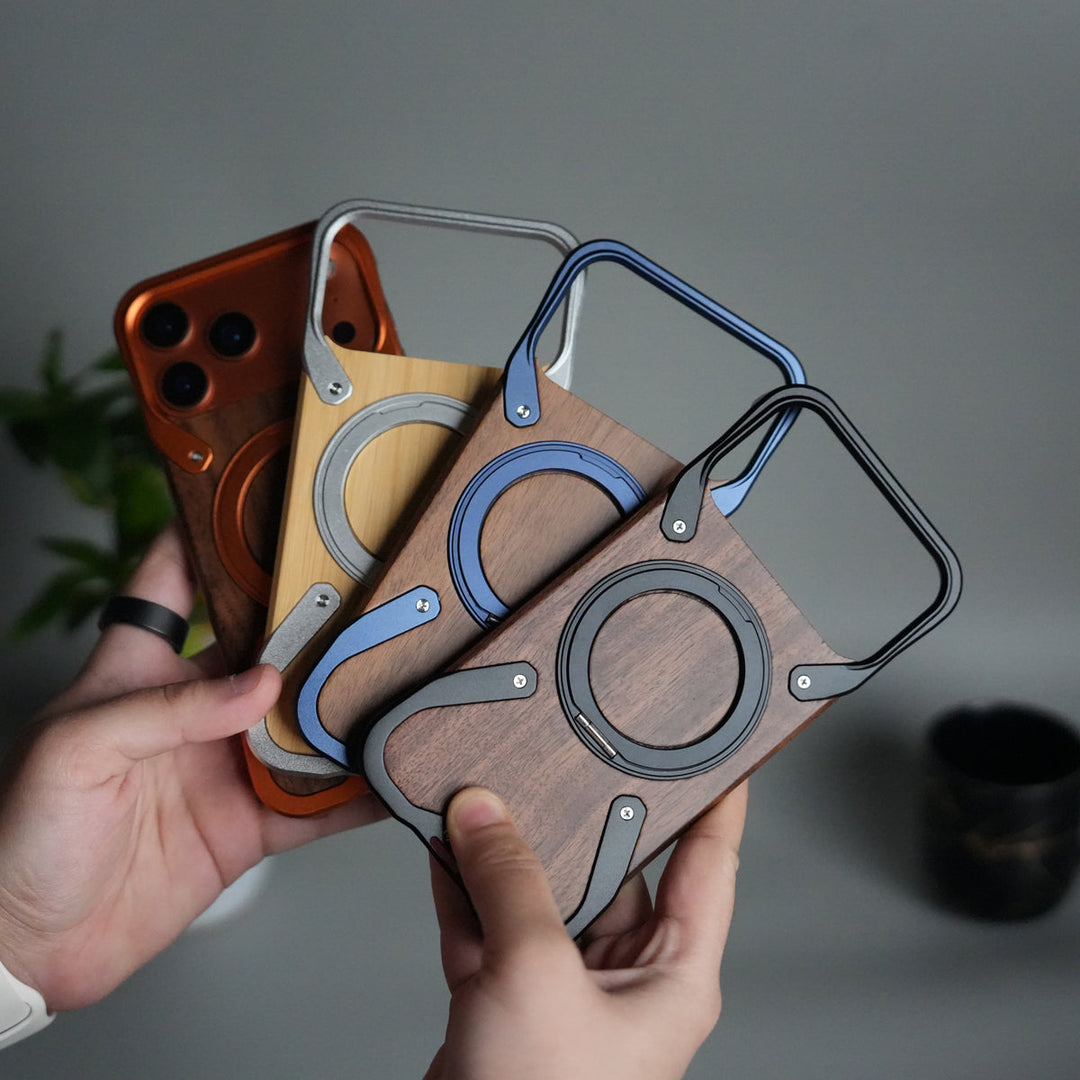 iPhone 17 Series Frameless Wooden Aluminium Case | Premium Metal Rotating Stand | Shockproof Luxury Wood Back Cover