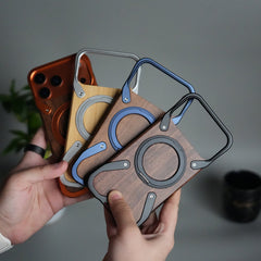iPhone 17 Series Frameless Wooden Aluminium Case | Premium Metal Rotating Stand | Shockproof Luxury Wood Back Cover