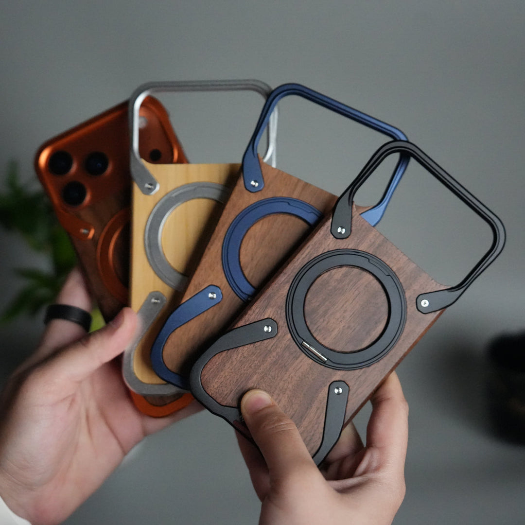 iPhone 17 Series Frameless Wooden Aluminium Case | Premium Metal Rotating Stand | Shockproof Luxury Wood Back Cover