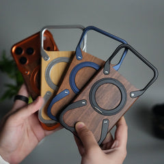 iPhone 17 Series Frameless Wooden Aluminium Case | Premium Metal Rotating Stand | Shockproof Luxury Wood Back Cover