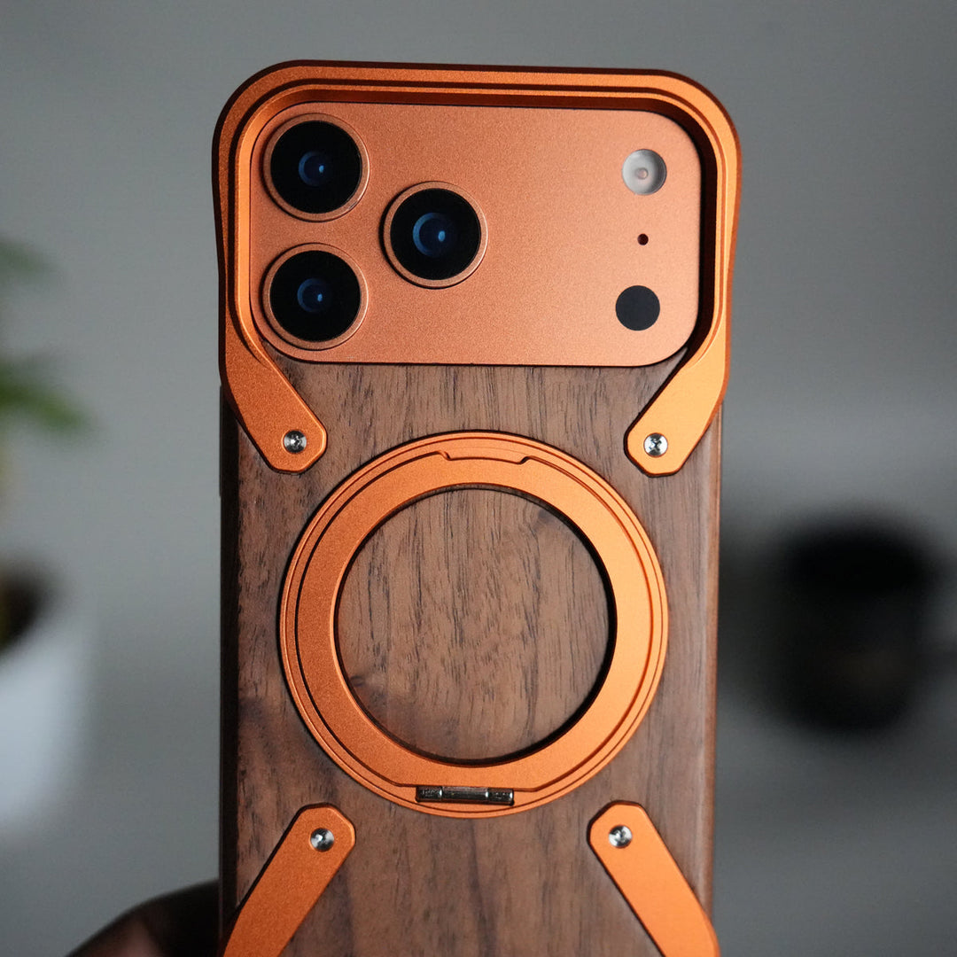 iPhone 17 Series Frameless Wooden Aluminium Case | Premium Metal Rotating Stand | Shockproof Luxury Wood Back Cover