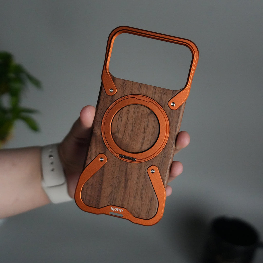 iPhone 17 Series Frameless Wooden Aluminium Case | Premium Metal Rotating Stand | Shockproof Luxury Wood Back Cover