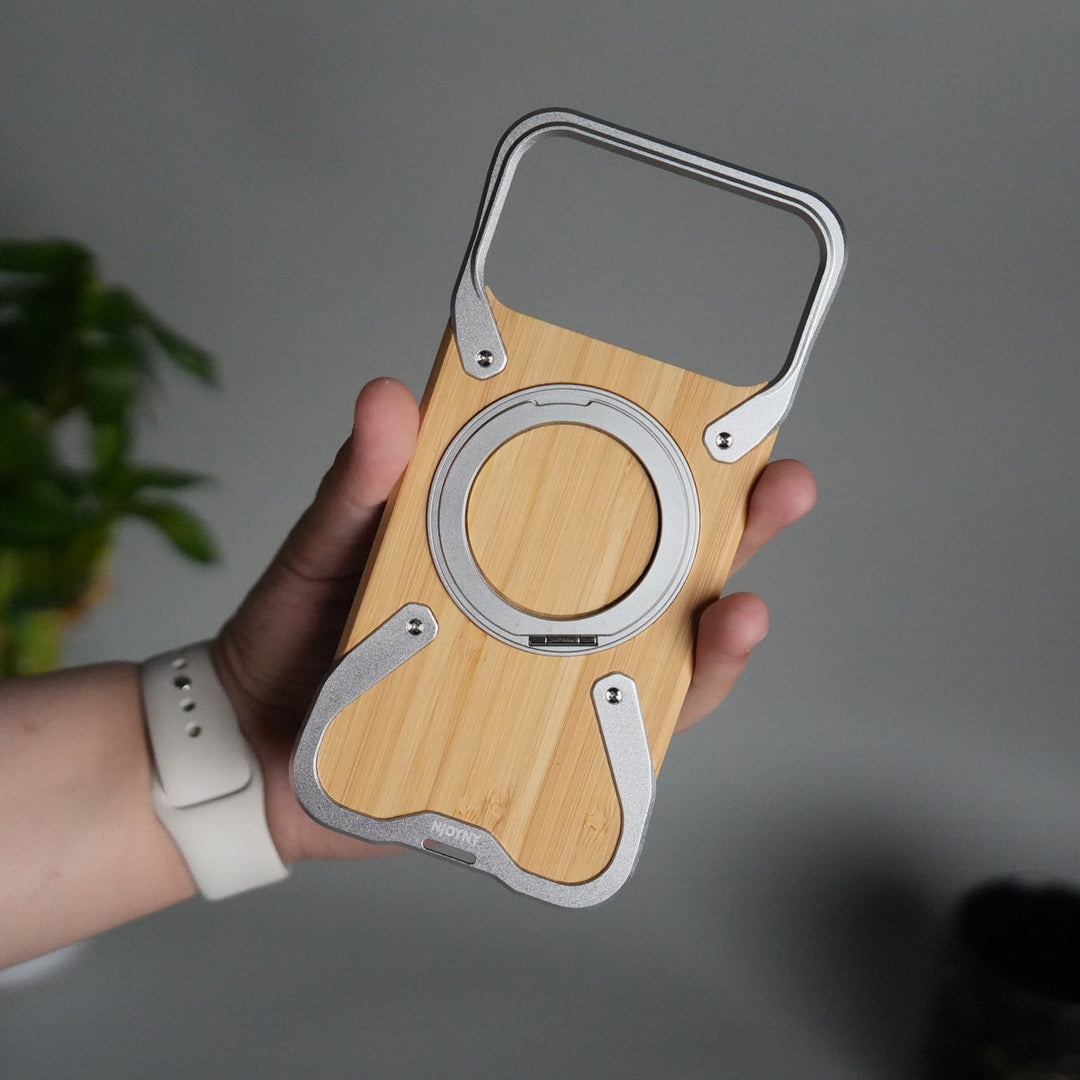 iPhone 17 Series Frameless Wooden Aluminium Case | Premium Metal Rotating Stand | Shockproof Luxury Wood Back Cover