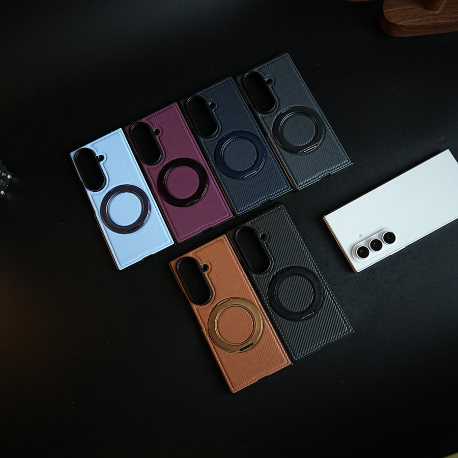 Carbon Fiber Texture Case for Samsung Galaxy Z Fold 8 Ultra | Rotating Metal Ring Stand Protective Cover