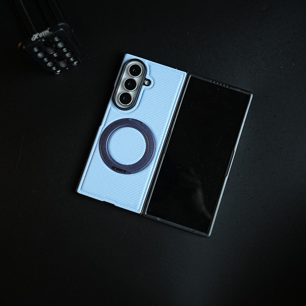 Carbon Fiber Texture Case for Samsung Galaxy Z Fold 8 Ultra | Rotating Metal Ring Stand Protective Cover