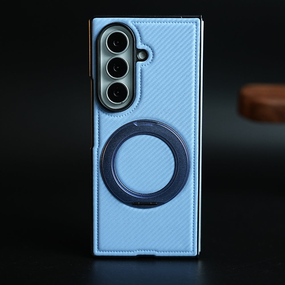 Carbon Fiber Texture Case for Samsung Galaxy Z Fold 8 Ultra | Rotating Metal Ring Stand Protective Cover