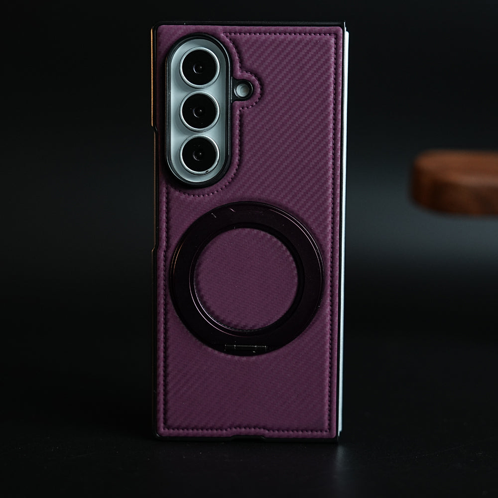 Carbon Fiber Texture Case for Samsung Galaxy Z Fold 8 Ultra | Rotating Metal Ring Stand Protective Cover