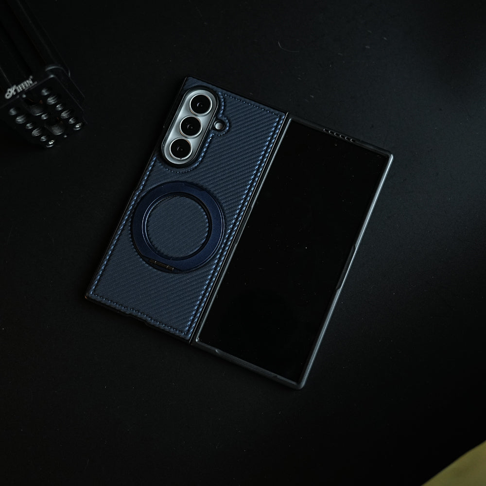 Carbon Fiber Texture Case for Samsung Galaxy Z Fold 8 Ultra | Rotating Metal Ring Stand Protective Cover
