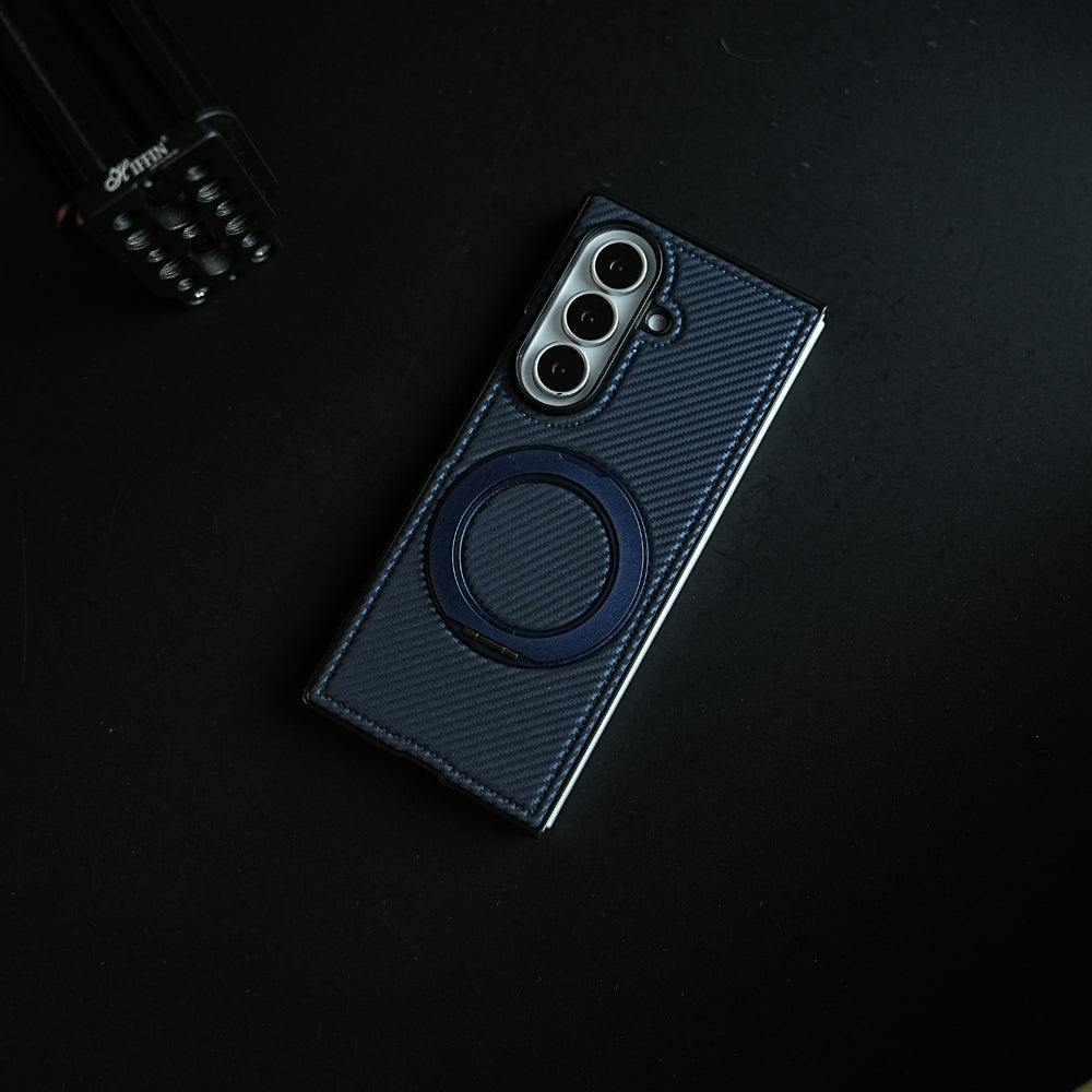 Carbon Fiber Texture Case for Samsung Galaxy Z Fold 8 Ultra | Rotating Metal Ring Stand Protective Cover