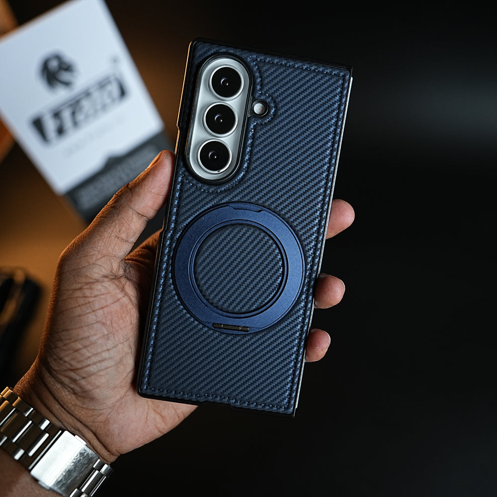 Carbon Fiber Texture Case for Samsung Galaxy Z Fold 8 Ultra | Rotating Metal Ring Stand Protective Cover