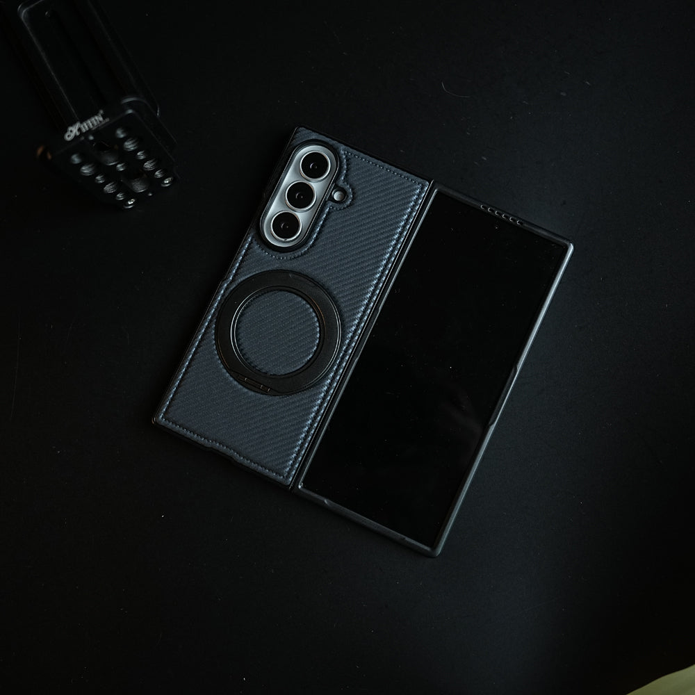 Carbon Fiber Texture Case for Samsung Galaxy Z Fold 8 Ultra | Rotating Metal Ring Stand Protective Cover