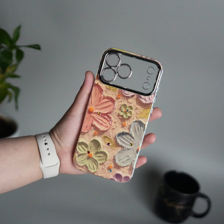 iPhone 17 series Luxury 3D Oil Painting Floral Design Glitter Lens Protection Cover | Pink