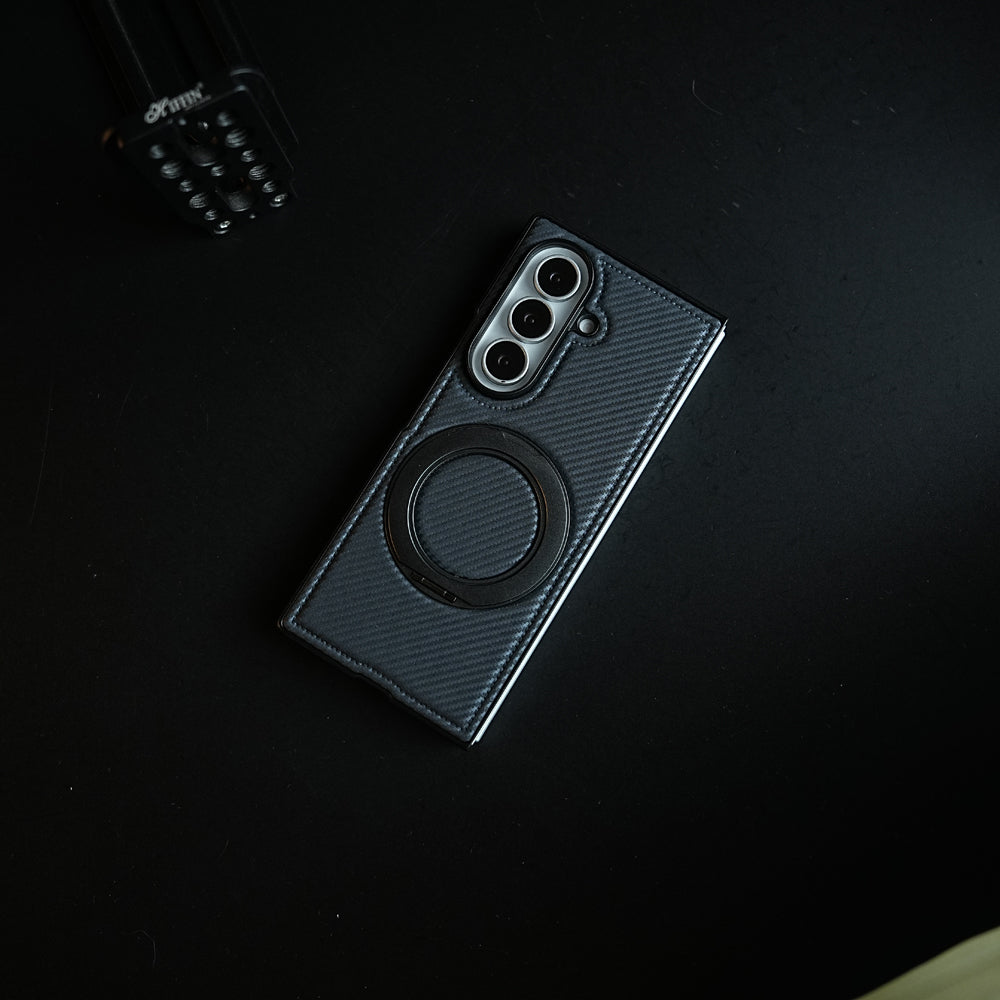 Carbon Fiber Texture Case for Samsung Galaxy Z Fold 8 Ultra | Rotating Metal Ring Stand Protective Cover