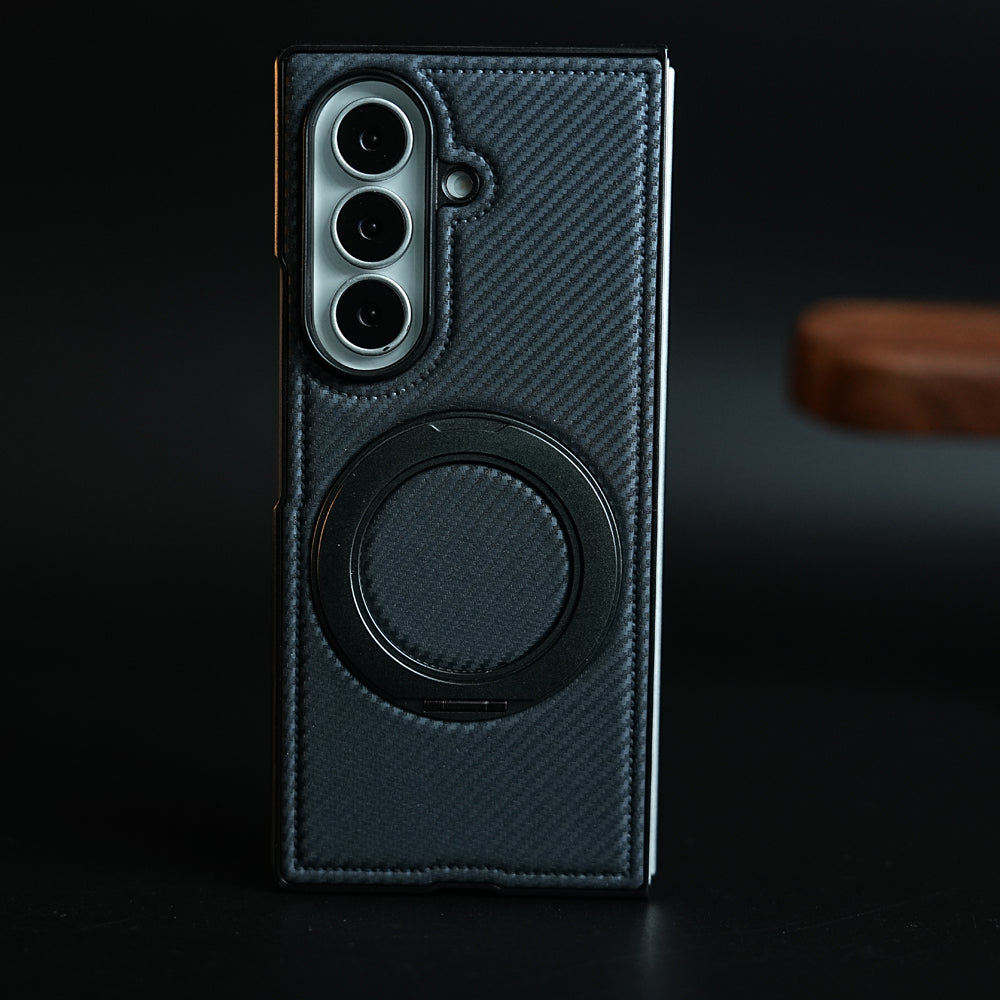 Carbon Fiber Texture Case for Samsung Galaxy Z Fold 8 Ultra | Rotating Metal Ring Stand Protective Cover