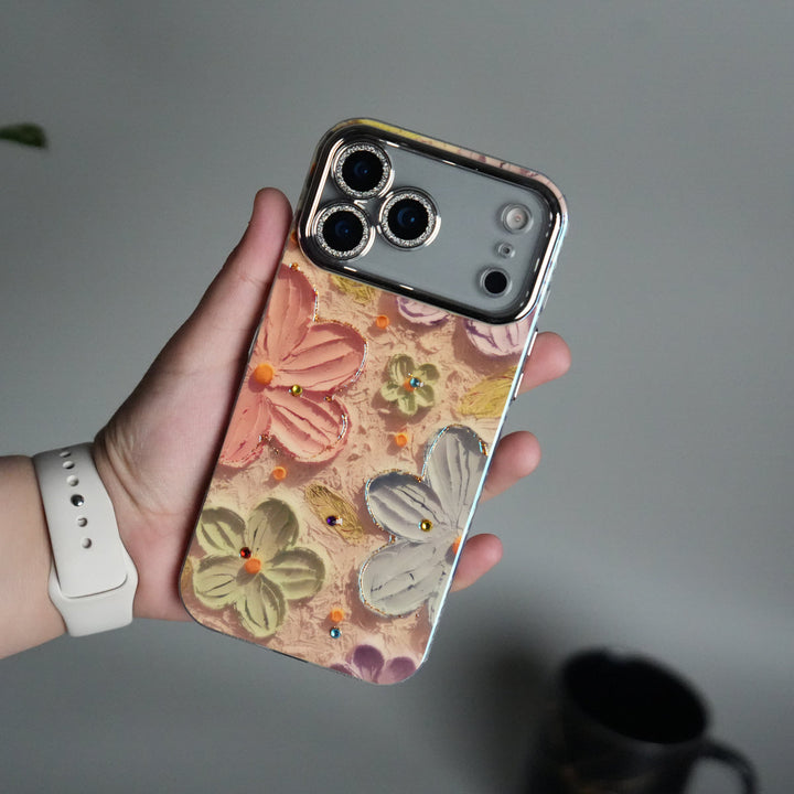 iPhone 17 series Luxury 3D Oil Painting Floral Design Glitter Lens Protection Cover | Pink