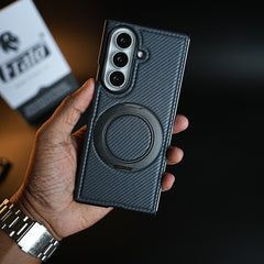 Carbon Fiber Texture Case for Samsung Galaxy Z Fold 8 Ultra | Rotating Metal Ring Stand Protective Cover