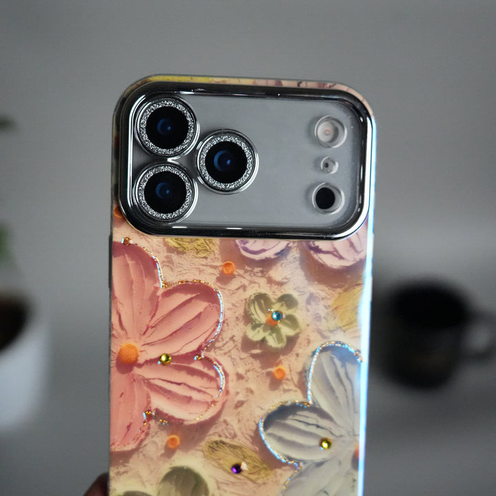 iPhone 17 series Luxury 3D Oil Painting Floral Design Glitter Lens Protection Cover | Pink