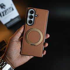 Carbon Fiber Texture Case for Samsung Galaxy Z Fold 8 Ultra | Rotating Metal Ring Stand Protective Cover