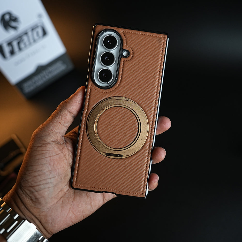 Carbon Fiber Texture Case for Samsung Galaxy Z Fold 8 Ultra | Rotating Metal Ring Stand Protective Cover