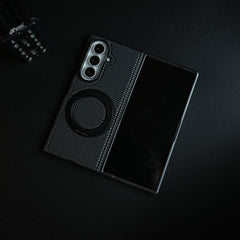 Carbon Fiber Texture Case for Samsung Galaxy Z Fold 8 Ultra | Rotating Metal Ring Stand Protective Cover