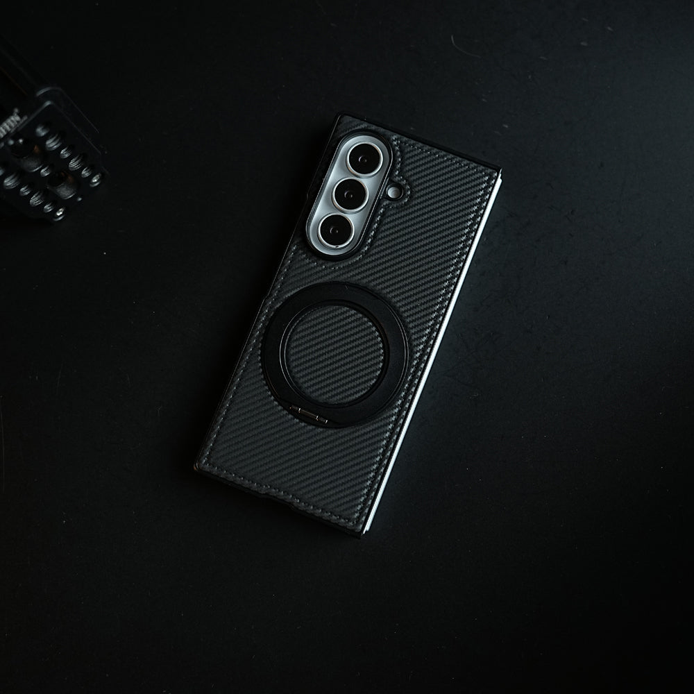 Carbon Fiber Texture Case for Samsung Galaxy Z Fold 8 Ultra | Rotating Metal Ring Stand Protective Cover
