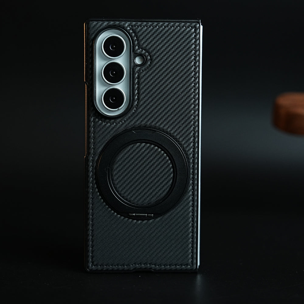 Carbon Fiber Texture Case for Samsung Galaxy Z Fold 8 Ultra | Rotating Metal Ring Stand Protective Cover