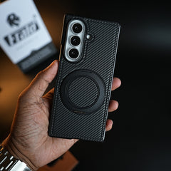 Carbon Fiber Texture Case for Samsung Galaxy Z Fold 8 Ultra | Rotating Metal Ring Stand Protective Cover