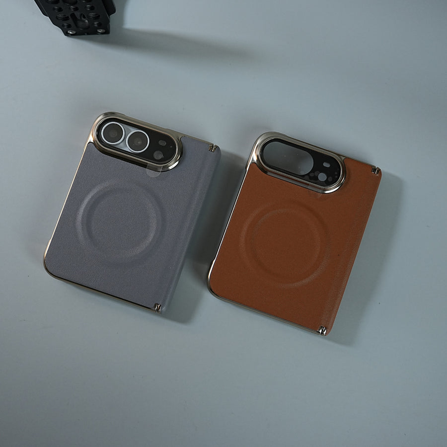 Premium Leather Texture MagSafe Case for iPhone Duo with Camera Glass & Hinge Protection