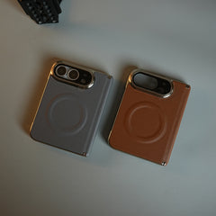 Premium Leather Texture MagSafe Case for iPhone Duo with Camera Glass & Hinge Protection