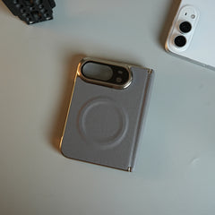 Premium Leather Texture MagSafe Case for iPhone Duo with Camera Glass & Hinge Protection