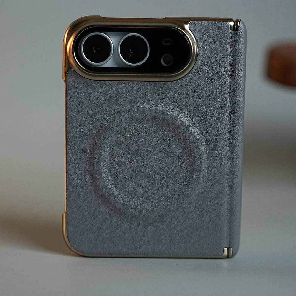 Premium Leather Texture MagSafe Case for iPhone Duo with Camera Glass & Hinge Protection