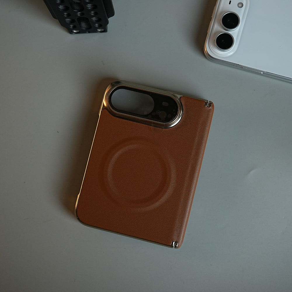 Premium Leather Texture MagSafe Case for iPhone Duo with Camera Glass & Hinge Protection